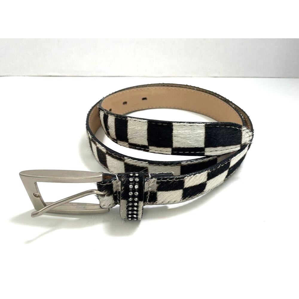 Alaluna Women's Black/White Calf Hair Leather Belt Rhinestone Loop Small/Medium